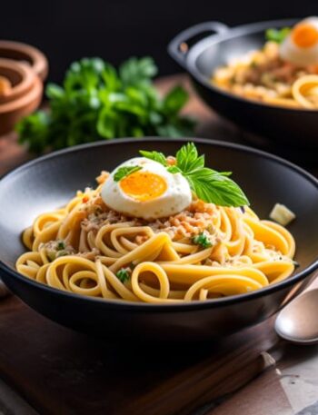 Pasta carbonara con huevo y panceta