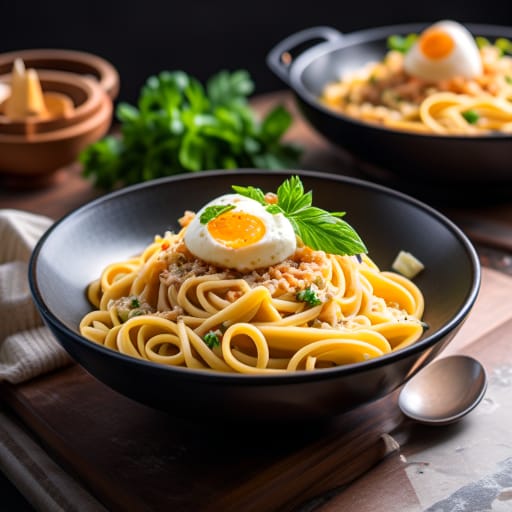 Pasta carbonara con huevo y panceta