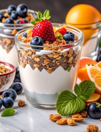 Yogur con granola y frutas frescas